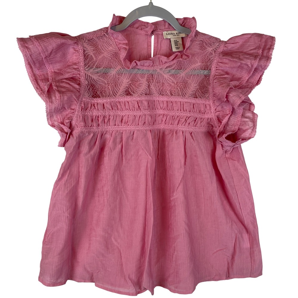 Laura Ashley Pink Lace Yoke Ruffle Cap Sleeve Blouse Top Medium RN 155730